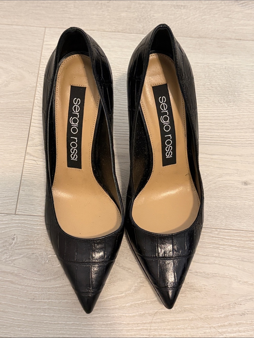 Sergio Rossi Black Croc-Embossed Pointed-Toe Pumps